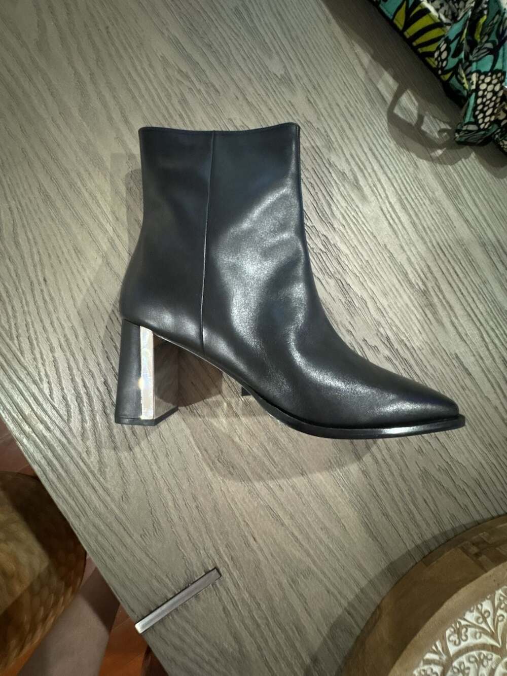 Paolo Black Leather Ankle Boots with Silver Metallic Block Heel